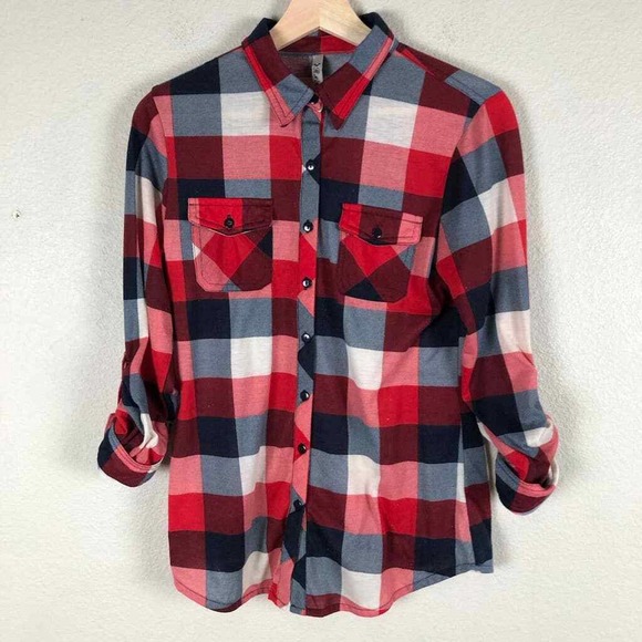 R N B Shirt Red Black Check Roll Tab Button Up Pockets Colorful Womens Medium - Picture 14 of 15